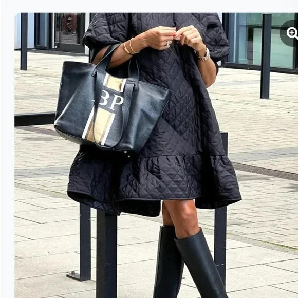 NWT STYLEWE Quilted Puffer Dress Black Puff Sleeve Ruffle Hem Mock Neck L - Picture 3 of 6